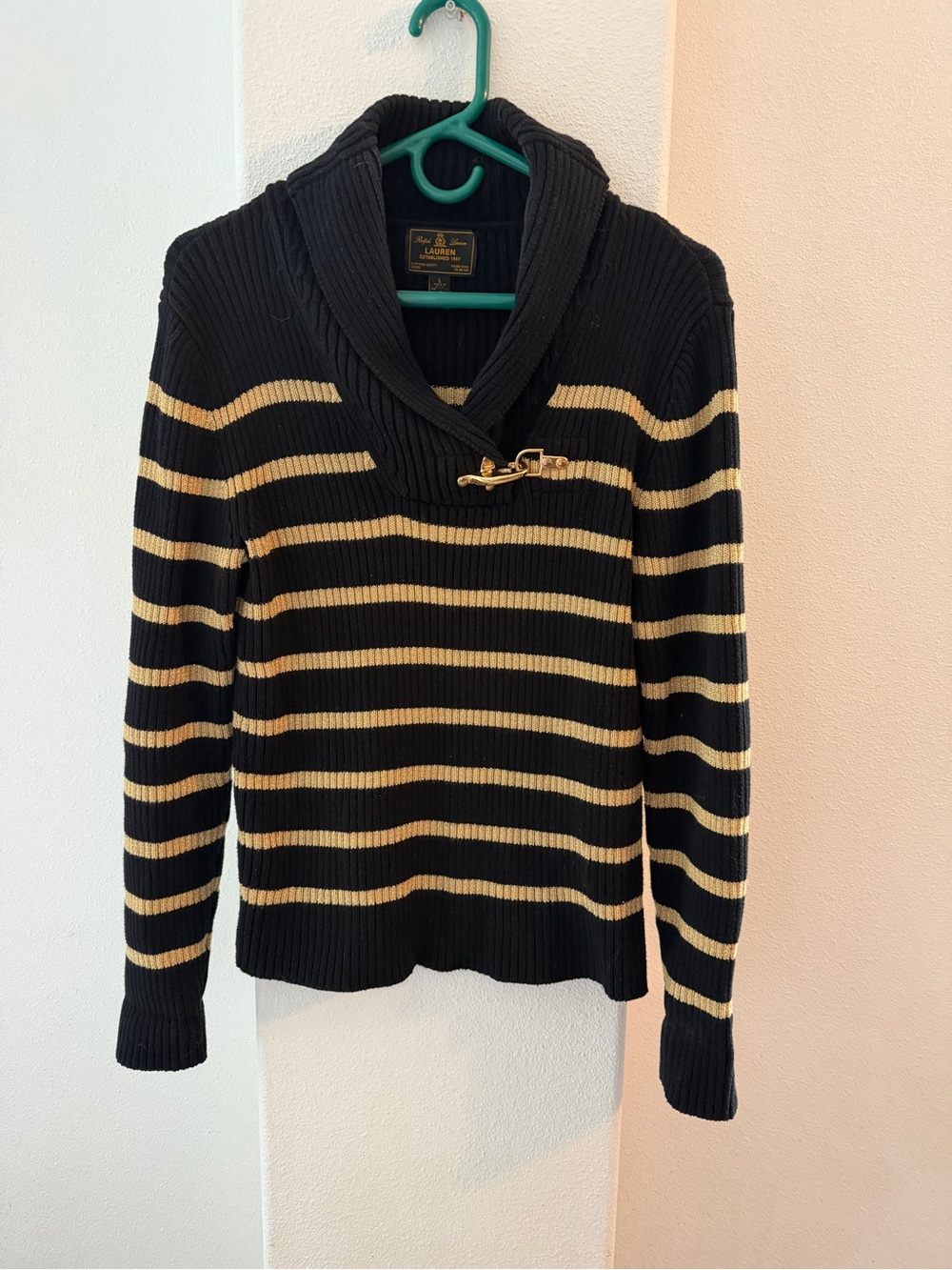 Lauren Ralph Lauren Black and Gold Striped Cowl Neck Sweater Size L